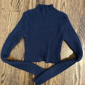 Blue Ribbed Mock Neck Sweater